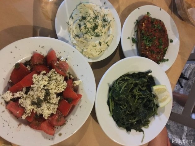 dinner time with from left tomato salad, taramasalata, wild greens and eggplant @Paros