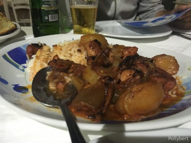octopus with onion in tomato cinnamon sauce, just wow @Naoussa